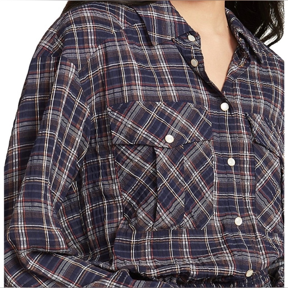 Veronica Beard Melnar Mini Dress Blue Plaid Smocked Collared Long Sleeve Size 4 - Picture 7 of 7